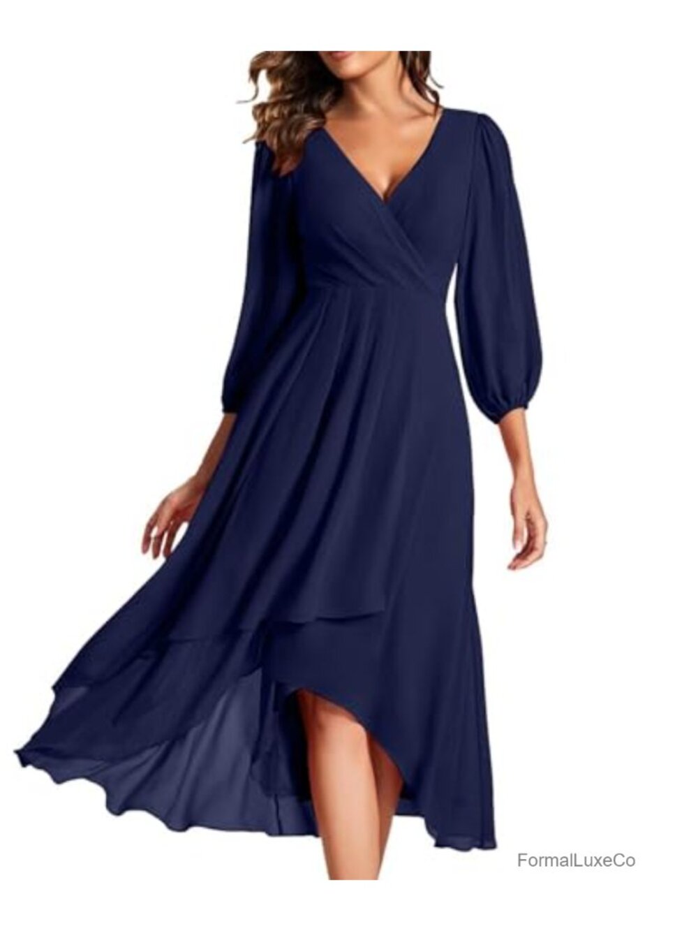 Chiffon Midi Dress V-Neck 3/4 Sleeve A-Line Swing Casual